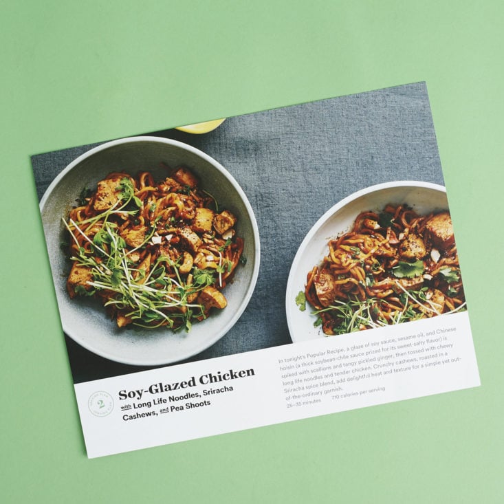 recipe card for Soy-Glazed Chicken with Long Life Noodles, Sriracha Cashews, and Pea Shoots