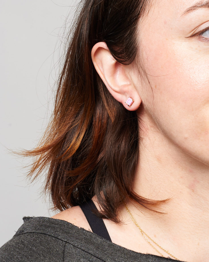 rocksbox pink studs on model