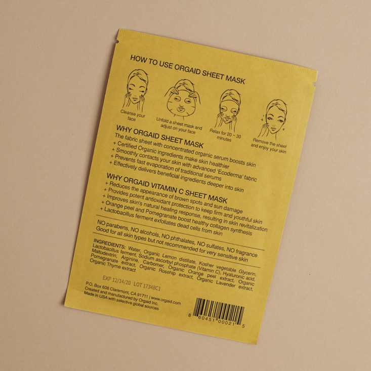 back of Orgaid Vitamin C Revitalizing Organic Sheet Mask