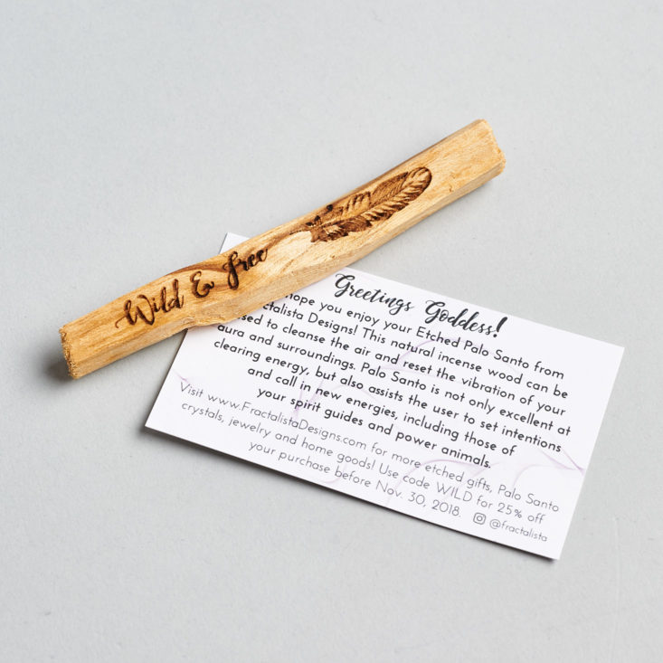 Goddess Provisions Wild Wisdom palo santo stick and card