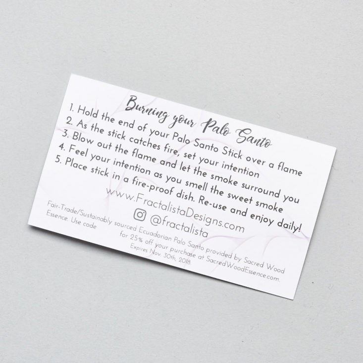 Goddess Provisions Wild Wisdom palo santo instructions card