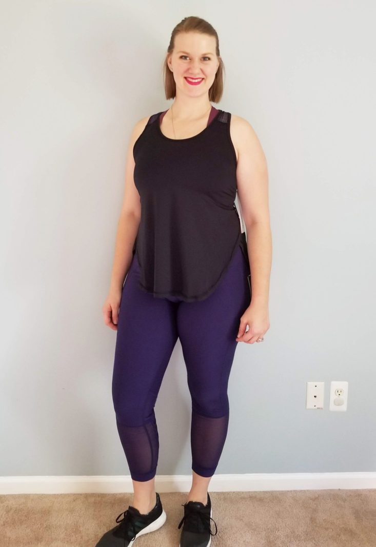 Wantable Fitness Edit black tank & purple leggings front
