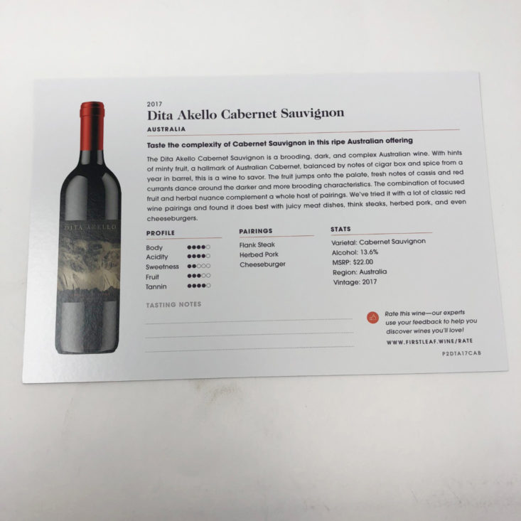 First Leaf Wine October 2018 - Dita Akello Cabernet Sauvignon Info Card Back