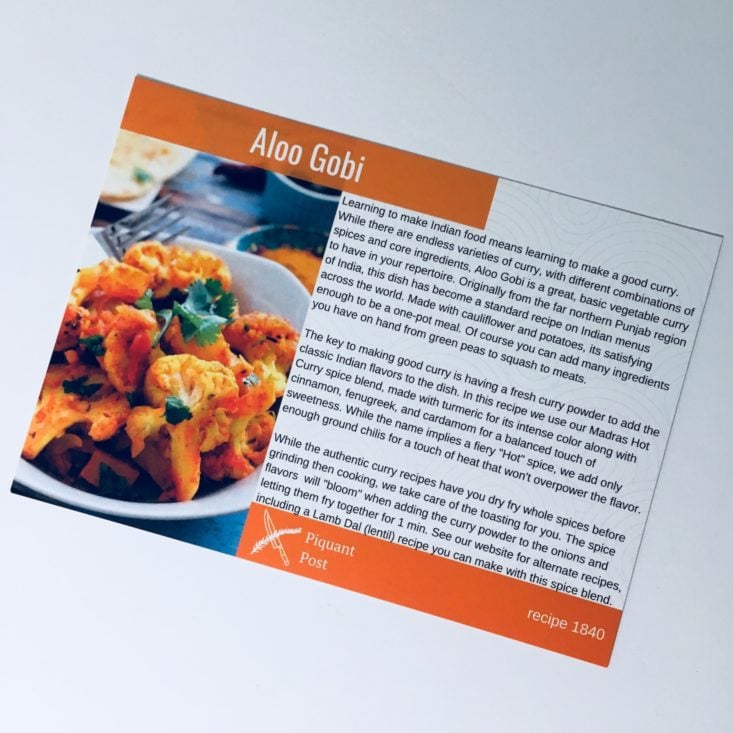Piquant Post Review September 2018 - ALOO GOBI CARD FRONT