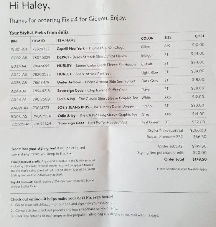 Stitch Fix Kids Boy Box October 2018 info sheet prices