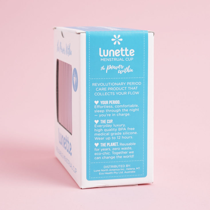 other side of Lunette Menstrual Cup box