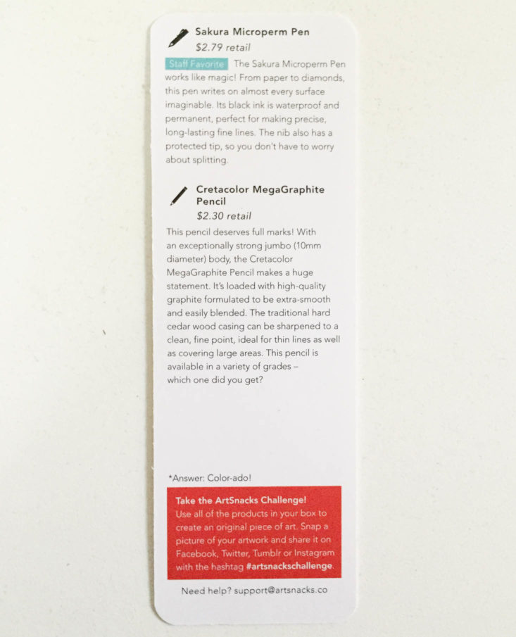 Art Snacks Subscription Box Review November 2018 - Information Card 2 Top