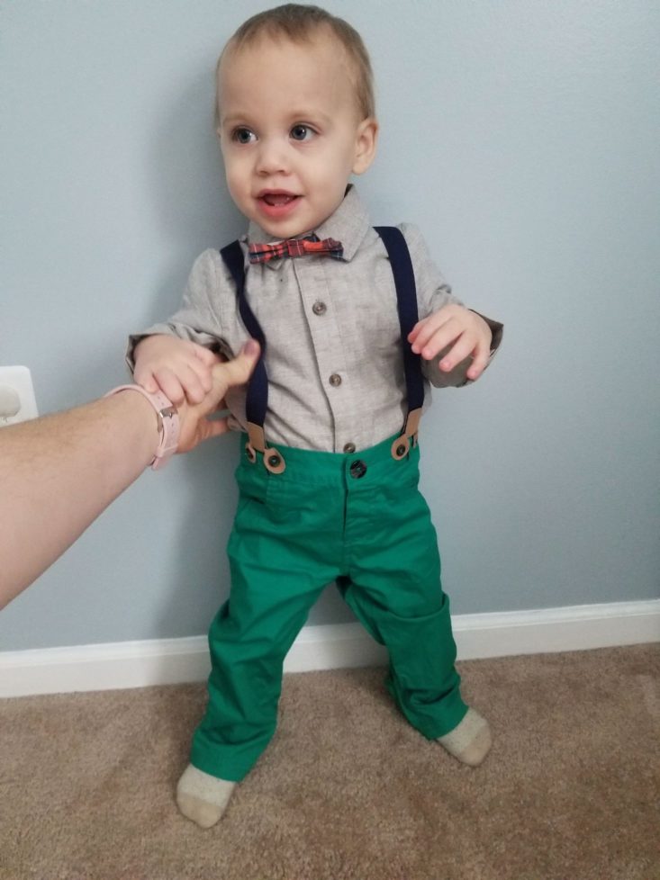 Cat & Jack Winter 2018 Review suspenders and bowtie modeled