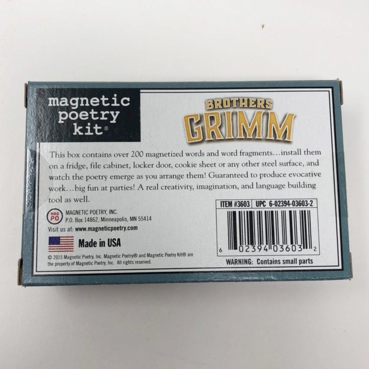 Coffee and a Classic Subscription Box Review October 2018 - Brothers Grimm Magnetic Poetry Kit Backside