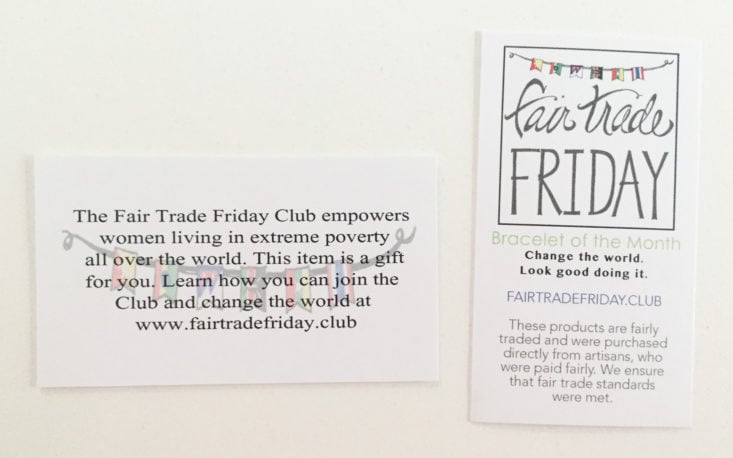 Fair Trade Friday Bracelet of the Month Club Subscription Review October 2018 - Information Card Top