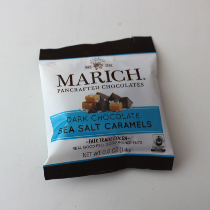 Love with Food Deluxe November 2018 Box Review - Marich Pancrafted Chocolates Dark Chocolate Sea Salt Caramels Packet Top