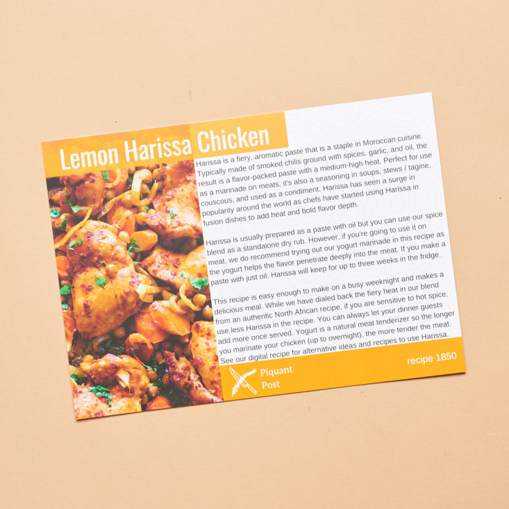 Piquant Post Review November 2018 - Harissa Chicken Card Front