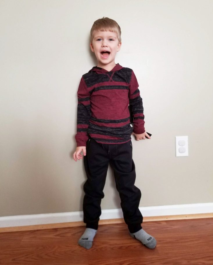 Stitch Fix Kids Boys November 2018 red hoodie and black joggers modeled