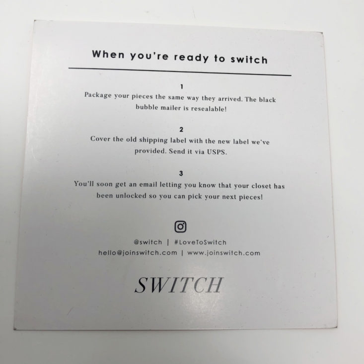 Switch Designer Jewelry Rental November 2018 - Info Card Ready to Switch Back