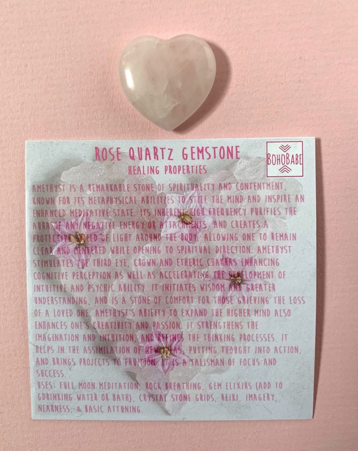 BohoBabe Box Subscription December 2018 - Heart Shaped Rose Quartz With Description Card