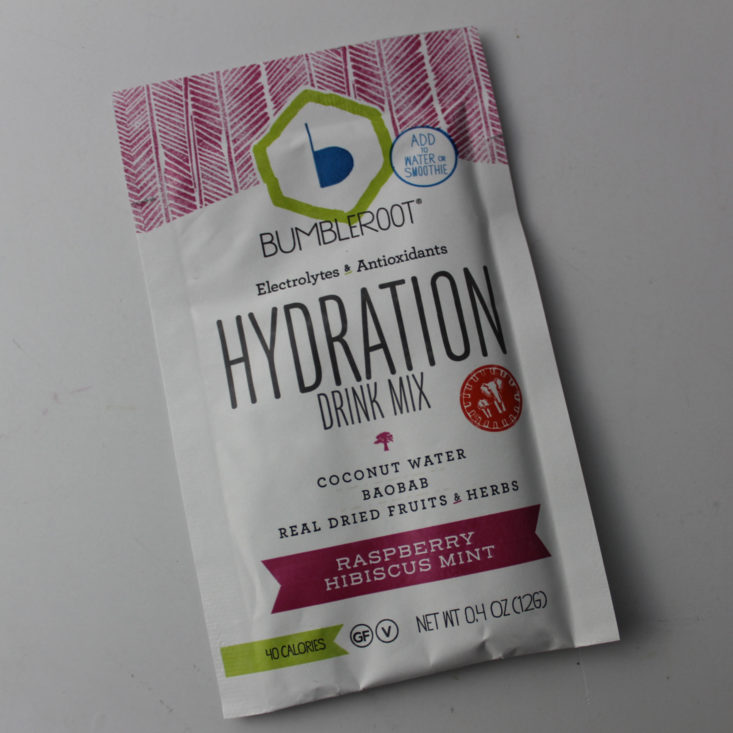 CLEAN.FIT Box December 2018 - Bumbleroot Hydration Drink Mix in Raspberry Hibiscus Mint Packaet Top
