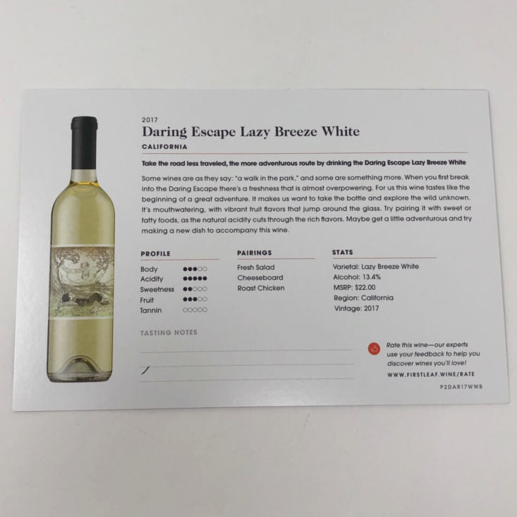 Firstleaf Wine December 2018 - 2016 Daring Escape Lazy Breeze White (California) Open Top