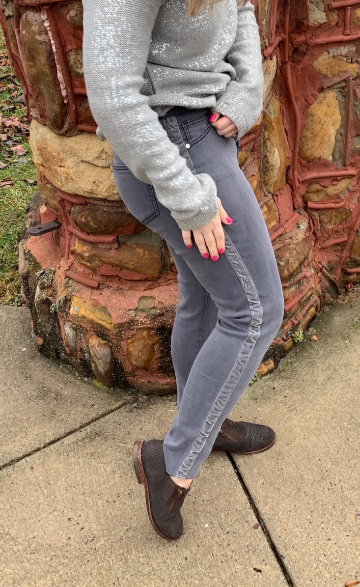 Golden Tote $59 + Add-Ons Clothing Tote Review December 2018 - Grey Tuxedo Jeans 3 Side Closer
