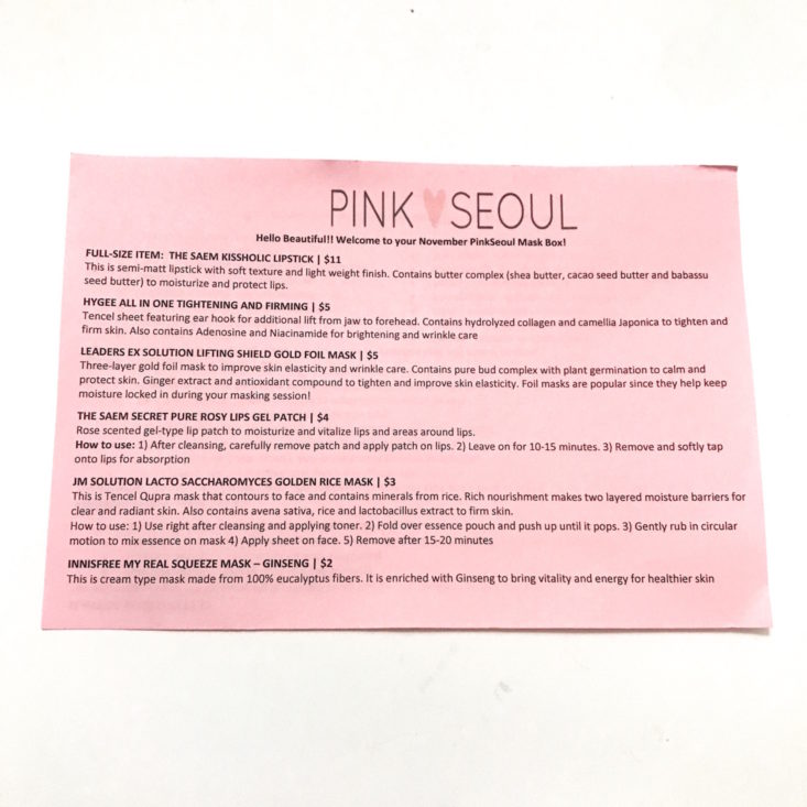 PinkSeoul Mask Box October 2018 - Info Sheet Front Top