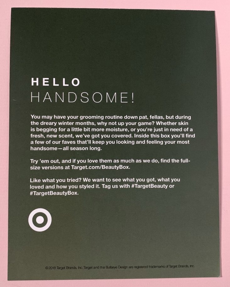Target Men’s Beauty Box December 2018 - Information Sheet Front