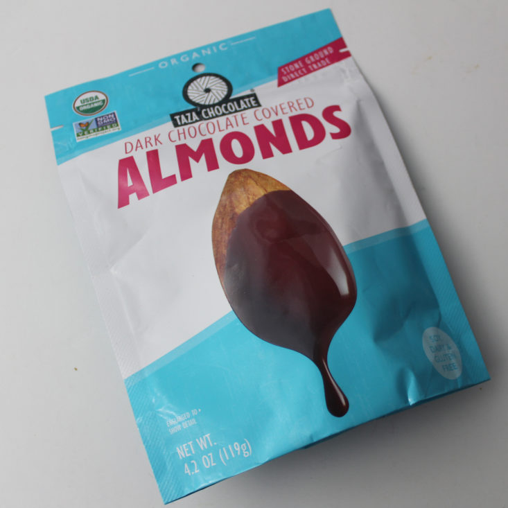 Vegan Cuts Snack December 2018 Box - Taza Chocolate Dark Chocolate Covered Almonds Packet Top