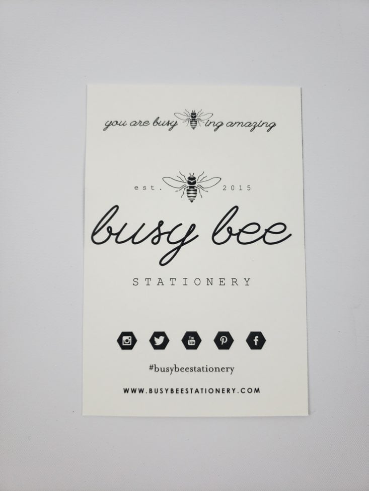 BUSY BEE STATIONERY December 2018 - Info Card Back