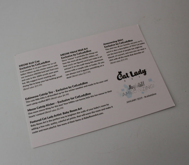 Cat Lady Box January 2019 - information cards Back Top