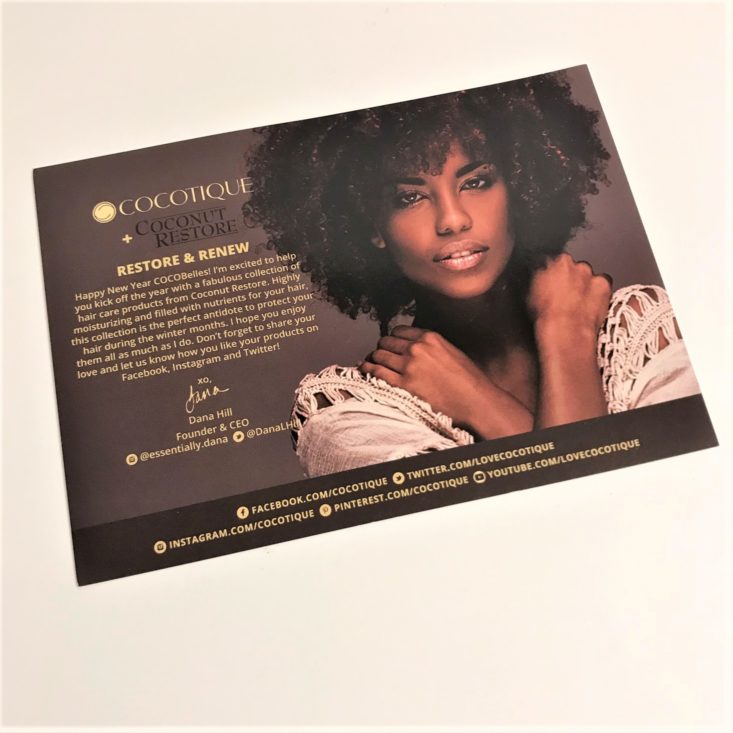 Cocotique “Restore & Renew” January 2019 - Info Card Front