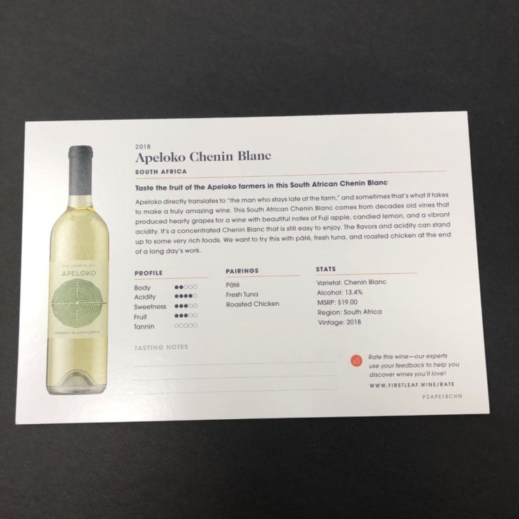 Firstleaf Wine Subscription Review January 2019 - Apeloko Chenin Blanc (South Africia) Infor Card Back Top