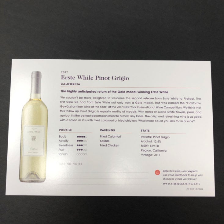 Firstleaf Wine Subscription Review January 2019 - Erste While Pinot Grigio (California) Info Card Back Top