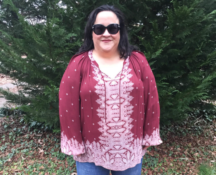 Gwynnie Bee January 2019 - LUCKY BRAND - Border Print Burgundy Peasant Top Front