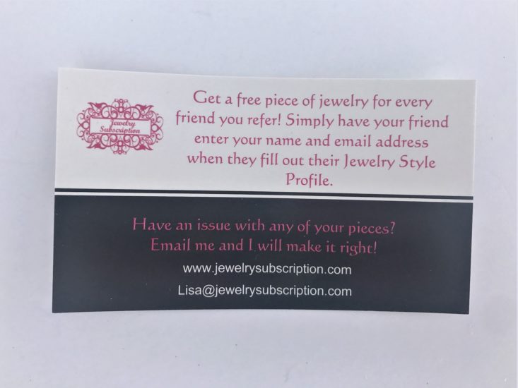 Jewelry Subscription January 2019 - Included Card