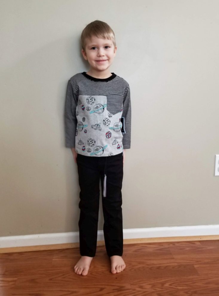 Kid Box 3T Boys January 2019 space shirt and black jeans modeled
