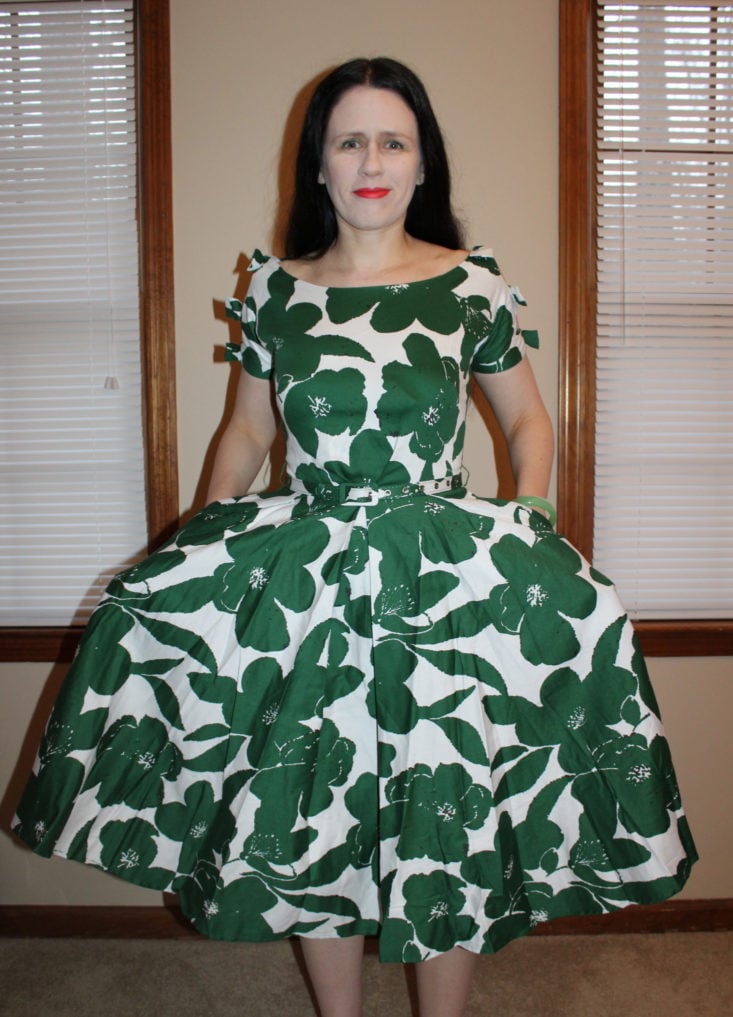 Unique Vintage January 2019 - Unique Vintage 1950s White and Green Floral Bow Sleeve Selma Swing Dress Front