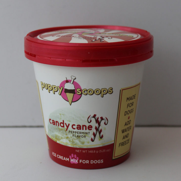 Vet Pet Box Dog January 2019 - Puppy Scoops Ice Cream Mix In Candy Cane Flavor Close Front