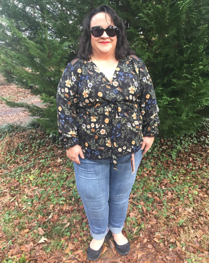 Wantable Style Edit Subscription Review December 2018 - Long Sleeve Wrap Top with Mesh Yoke by DEX Front
