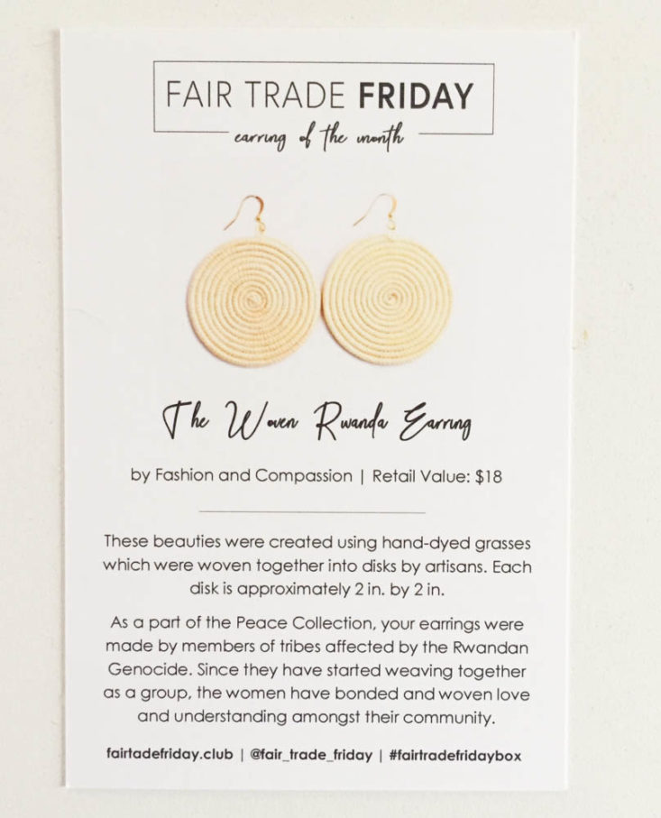 Fair Trade Friday Earring of the Month Club Subscription Review February 2019 - Information Card Front Top