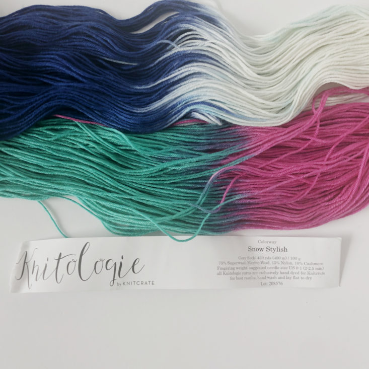 Knitcrate Sock Yarn Subscription Review February 2019 - Knitologie Cozy Sock by Knitcrate in color Snow Stylish Yarn Label Top