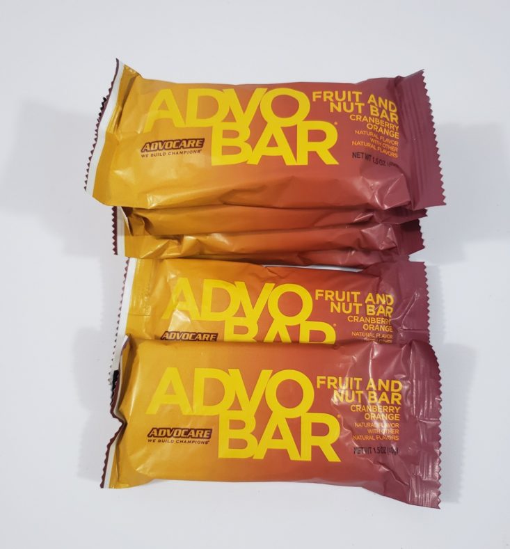 MONTHLY BOX OF FOOD AND SNACK February 2019 - AdvoBar Fruit and Nut Bar Cranberry Orange All Content Front Top