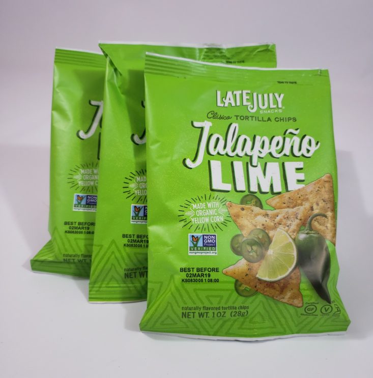 MONTHLY BOX OF FOOD AND SNACK February 2019 - Jalapeno Lime Tortilla Chips All Content Front