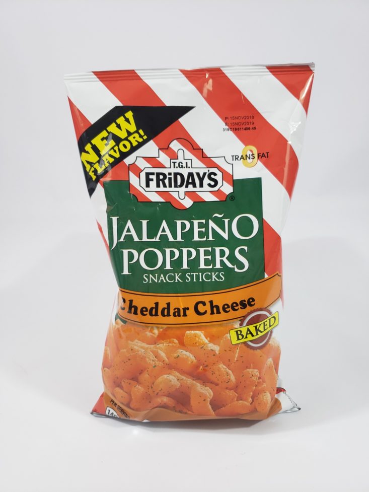 MONTHLY BOX OF FOOD AND SNACK February 2019 - TGI Friday’s Cheddar Cheese Jalapeno Poppers Front