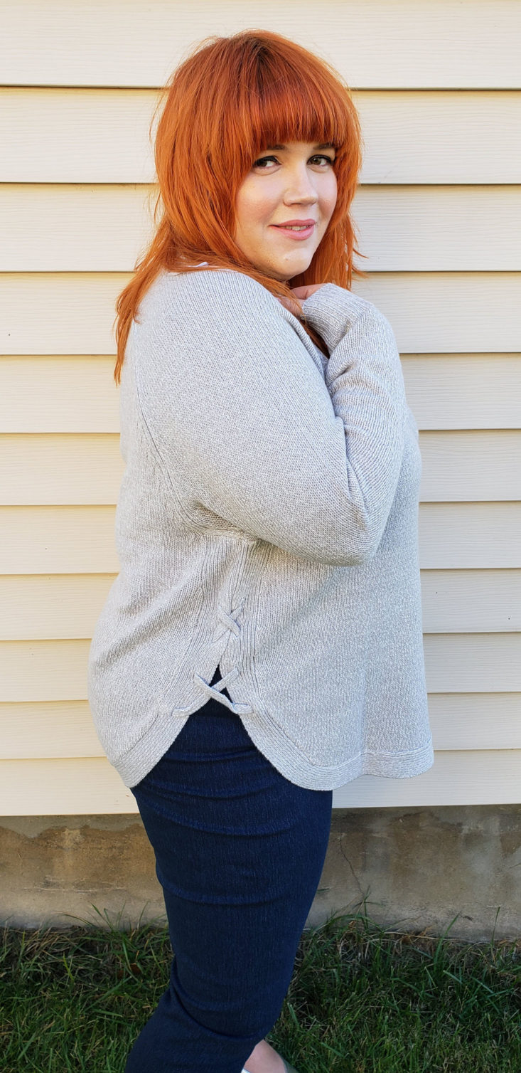Stitch Fix Plus Size Clothing Box Review December 2018 - Dawlynn Lace Up Side Pullover by RD Style Size 2x Onn Pose 3 Side