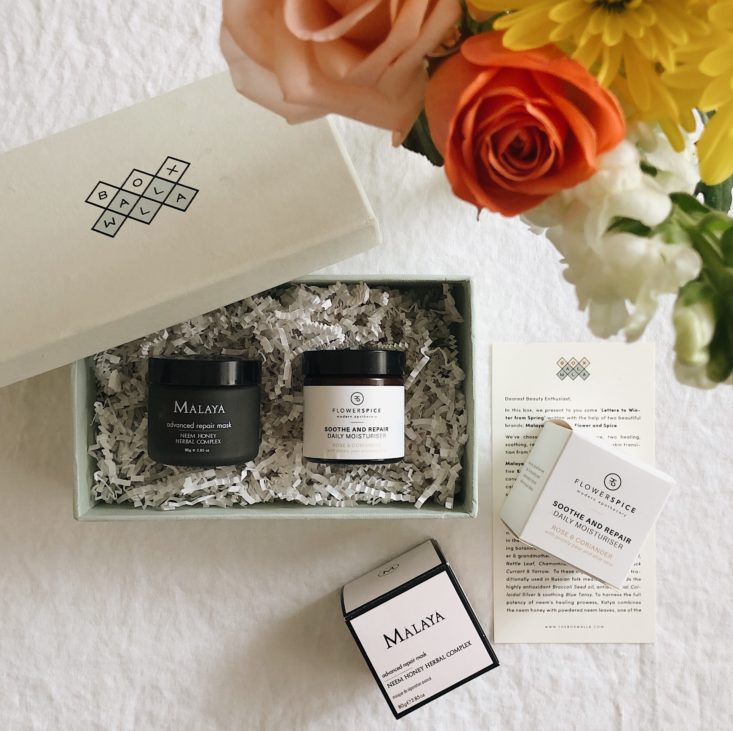 Boxwalla Beauty Box April 2019 Spoilers Malaya Organics Advanced Repair Mask - Neem Honey Herbal Complex and Flower and Spice Modern Apothecary Soothe and Repair Daily Moisturiser Rose and Coriander