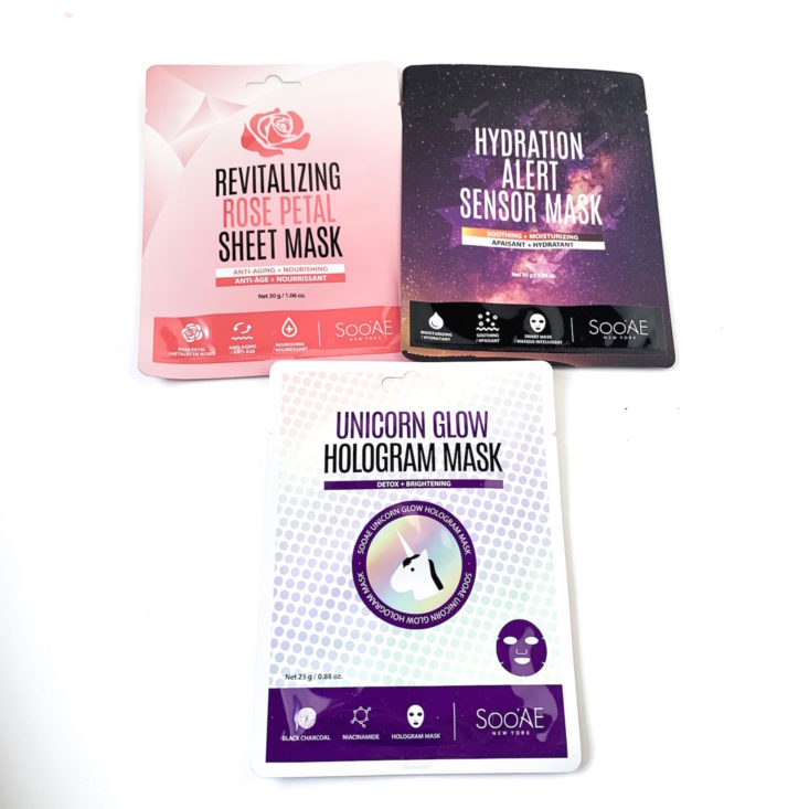 Bless Box February 2019 - Soo AE Hydration Alert Sensor, Soo AE Unicorn Glow Hologram And Soo Ae Revitalizing Rose Petal Sheet Mask Front