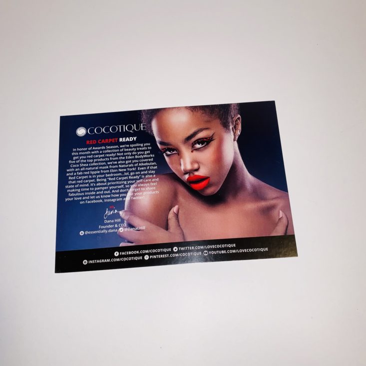 Cocotique “Red Carpet Ready” February 2019 - Info Card Front