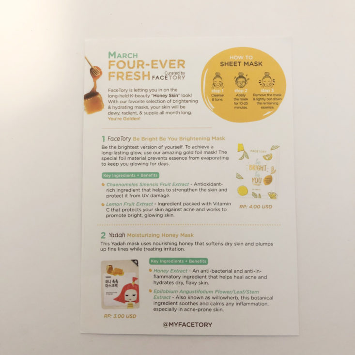 Facetory 4 Ever Fresh Review March 2019 - Information Card Front Top