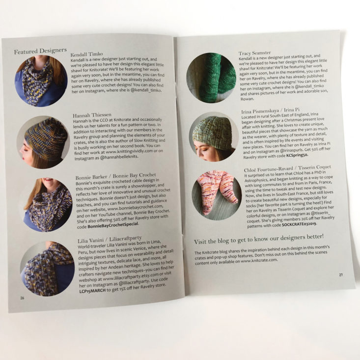 KnitCrate Membership Review March 2019 - Designers Pages Top