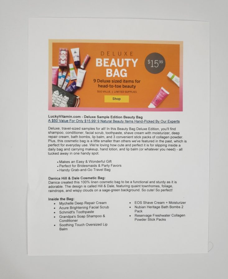 LuckyVitamin Deluxe Sample Edition Beauty Bag March 2019 - Info Card Front