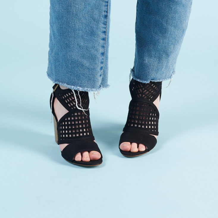 Shoe Dazzle geometric black heeled sandals for spring march 2019