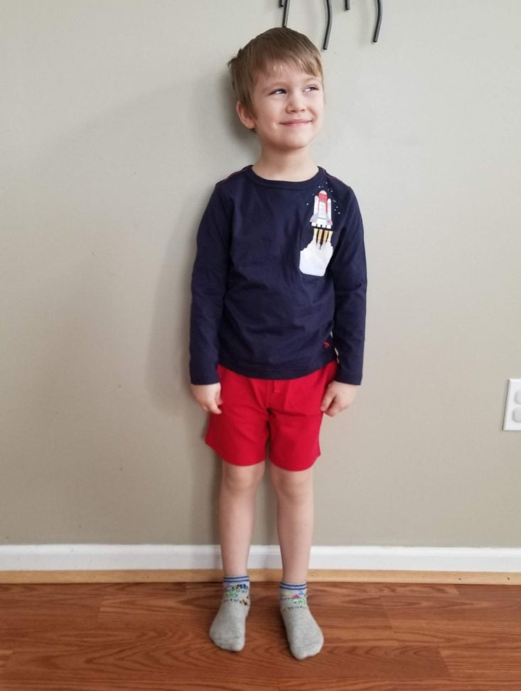 Stitch Fix Kids Boys March 2019 rocket shirt and red shorts modeled